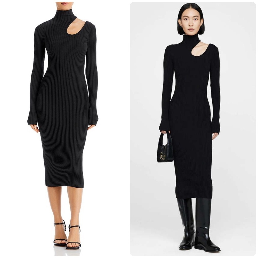 New! Anine Bing Victoria Cut Out Black Ribbed Knit Midi Dress Medium
